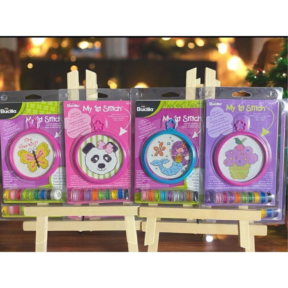 Bucilla Set of 4 My 1st Stitch Panda Cupcake Mermaid Butterfly Cross Stitching K
